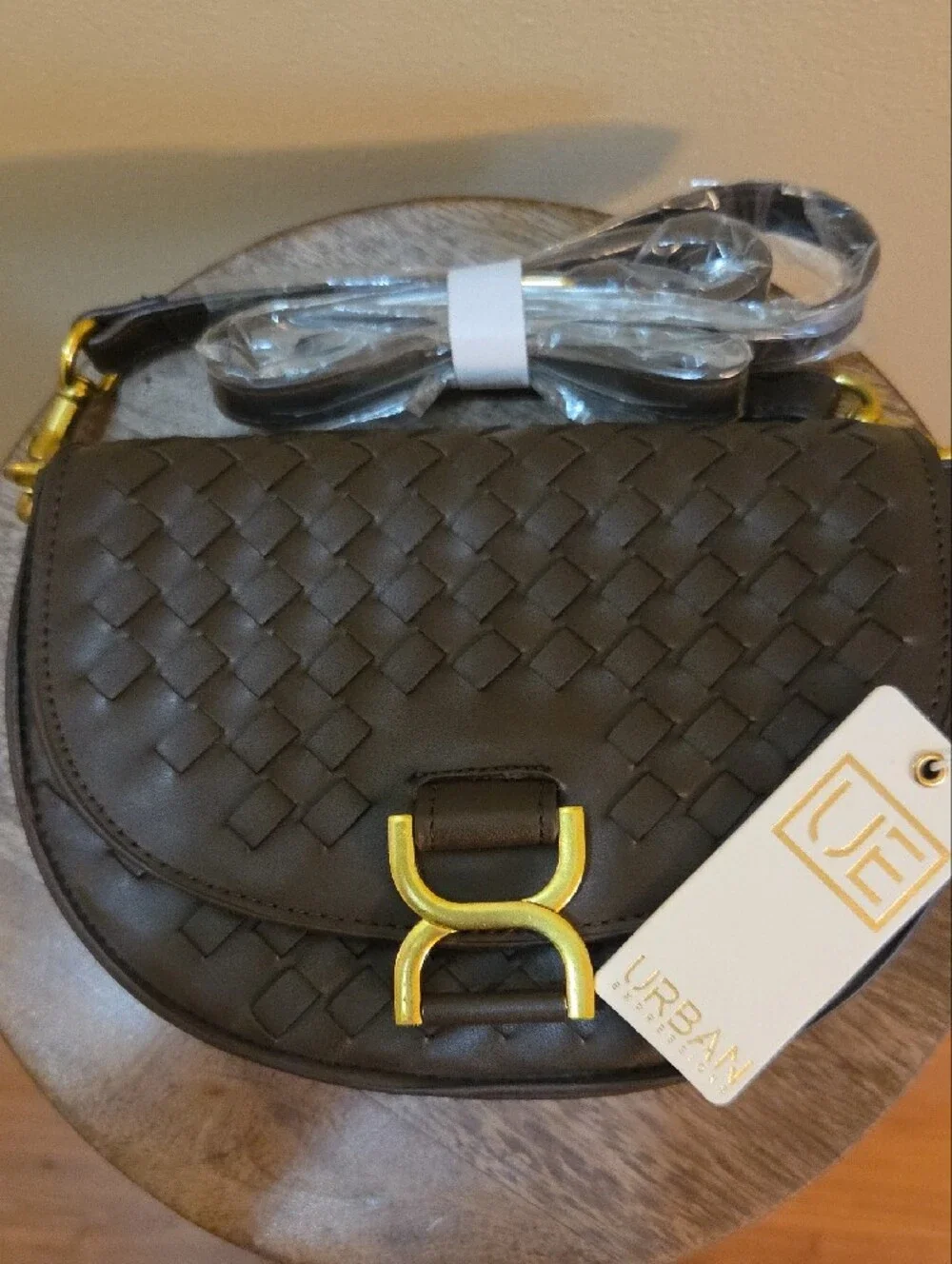 Urban Expressions Woven Saddle Crossbody Bag in Dark Brown with Gold Hardware